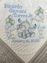 Elephant w Balloons Quilt + Full Birth Statistics -Grey Trim