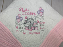 Girl Elephant w Balloons Baby Quilt & Full Birth Announcement