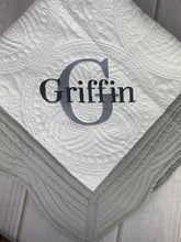 Grey Trimmed Heirloom Quilt with Name over Single Letter