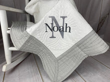 Grey Trimmed Heirloom Quilt with Name over Single Letter