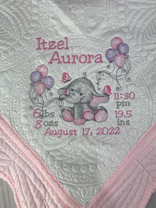 Girl Elephant w Balloons Baby Quilt & Full Birth Announcement