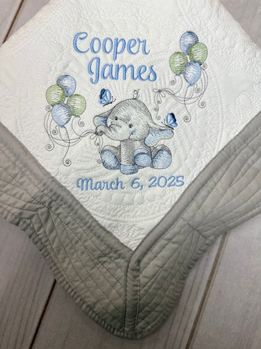 Elephant w Balloons Baby Quilt - First & Middle Names + Birth Date