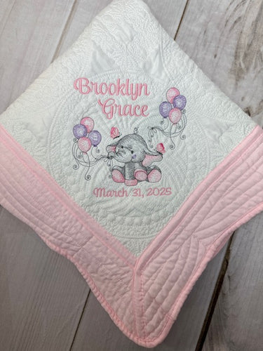 Elephant w Balloons Quilt  + First & Middle Name + Birth Date
