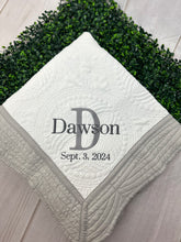 Grey Trimmed Heirloom Quilt with Name over Single Letter