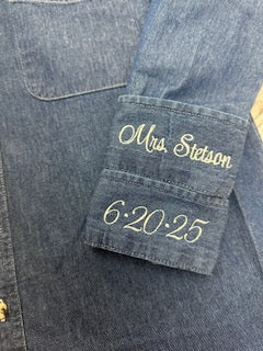 Two Embroidered Cuffs on Denim Shirts - Name & Wedding Date
