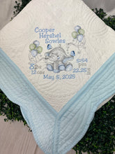 Elephant w Balloons Quilt + Full Birth Statistics  - Lt Blue Trim