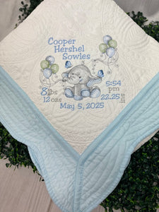 Elephant w Balloons Quilt + Full Birth Statistics  - Lt Blue Trim