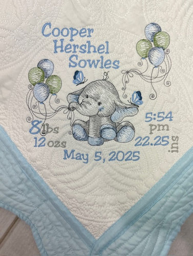 Elephant w Balloons Quilt + Full Birth Statistics  - Lt Blue Trim