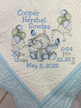 Elephant w Balloons Quilt + Full Birth Statistics -Grey Trim