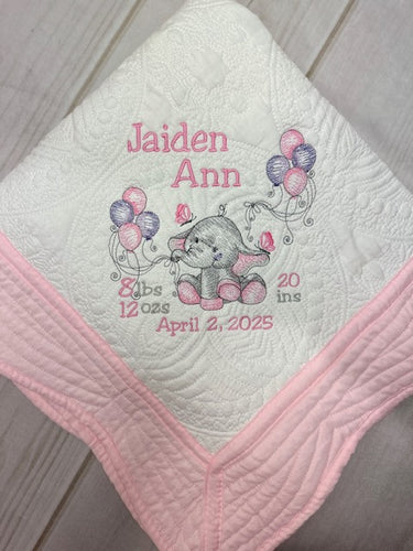 Girl Elephant w Balloons Baby Quilt & Full Birth Announcement