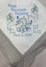 Elephant w Balloons Quilt + Full Birth Statistics  - Lt Blue Trim