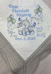 Elephant w Balloons Quilt + Full Birth Statistics  - Lt Blue Trim