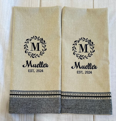 Custom Dish Towels - White w Black or Oatmeal w Navy Border - Set of 2