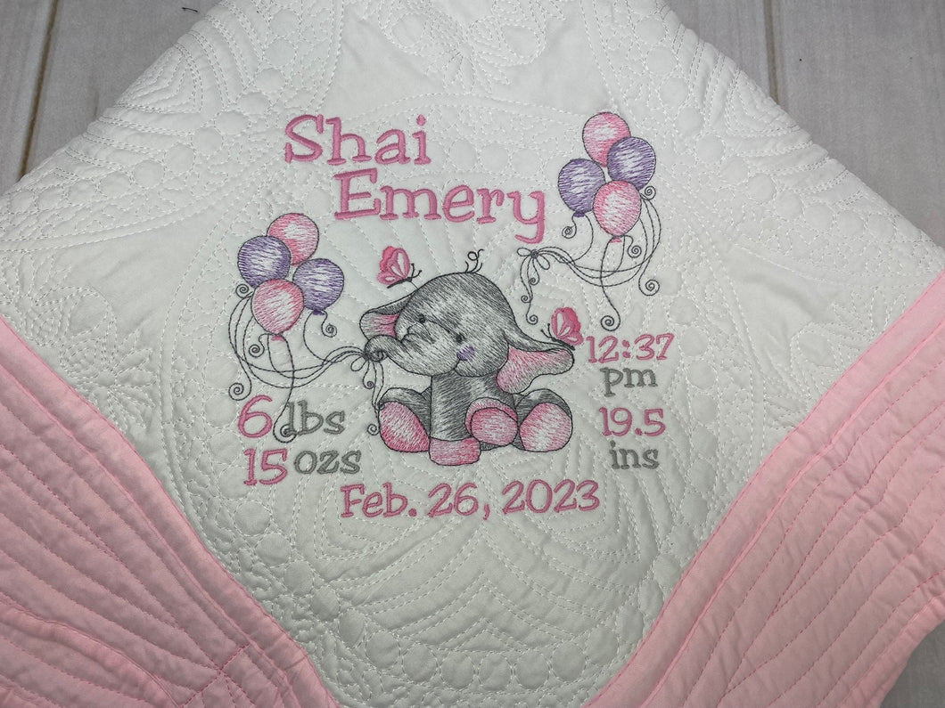 Girl Elephant w Balloons Baby Quilt & Full Birth Announcement