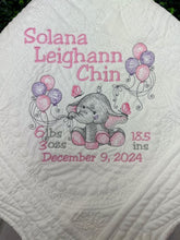 Girl Elephant w Balloons Baby Quilt & Full Birth Announcement
