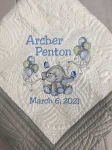 Elephant w Balloons Baby Quilt - First & Middle Names + Birth Date