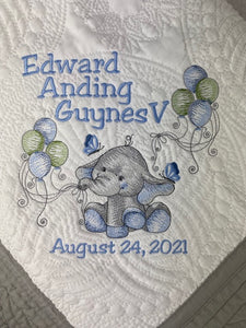 Elephant w Balloons Baby Quilt - First & Middle Names + Birth Date