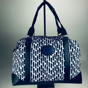 Weekender Travel Bag -Leather Patch on Black and White Print