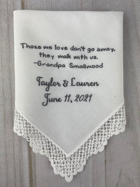 Wedding Lace Handkerchief w custom saying