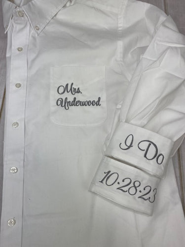 Mrs. XXX - Bride's Get Ready Shirt -  Embroidered POCKET + CUFFS