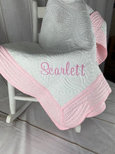 White Quilt w Pink Trim and Embroidered Name - Keepsake Heirloom Quilt