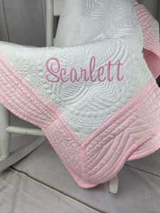 White Quilt w Pink Trim and Embroidered Name - Keepsake Heirloom Quilt