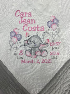 Girl Elephant w Balloons Baby Quilt & Full Birth Announcement