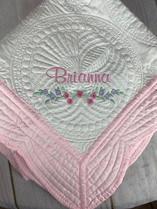 Embroidered Heirloom Baby Quilt with Floral Trim