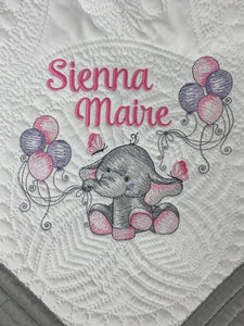 Girl Elephant w Balloons Quilt  + First & Middle Name + Birth Date
